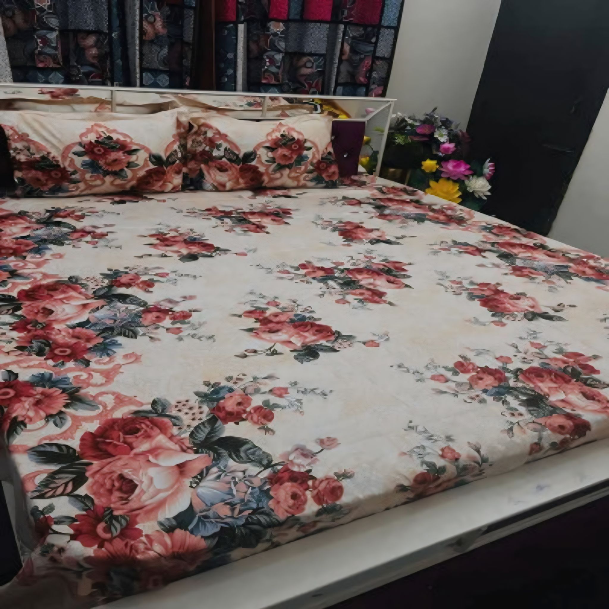 Cotton Multicolor King Size Bed sheet With Two Matching Pillow Covers and one side pillo online shop