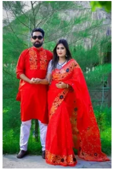Dhupian Slik Skin Print Sharee & Punjabi Couple Set For Men & Women (Red) online price